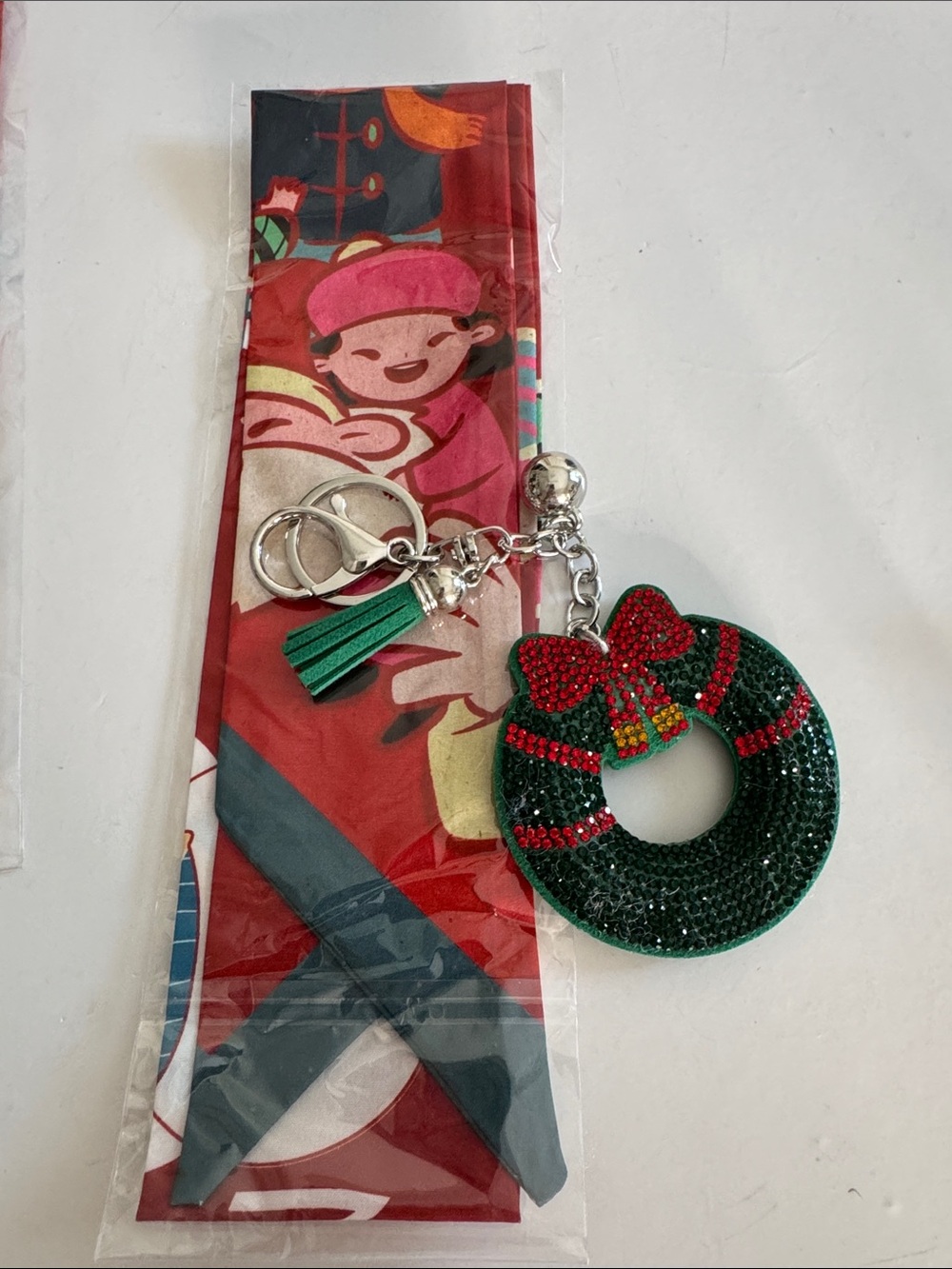 Green & Red Wreath Keychain with Festive Twilly Scarf.